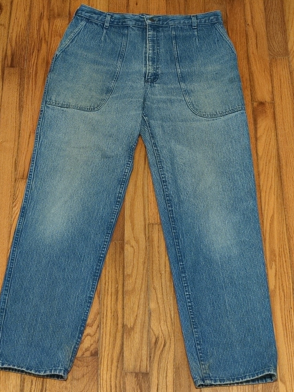 VTG 90s Lee Mens Striped Faded High Rise Patch Pocket Jeans (Fit 34x33) USA